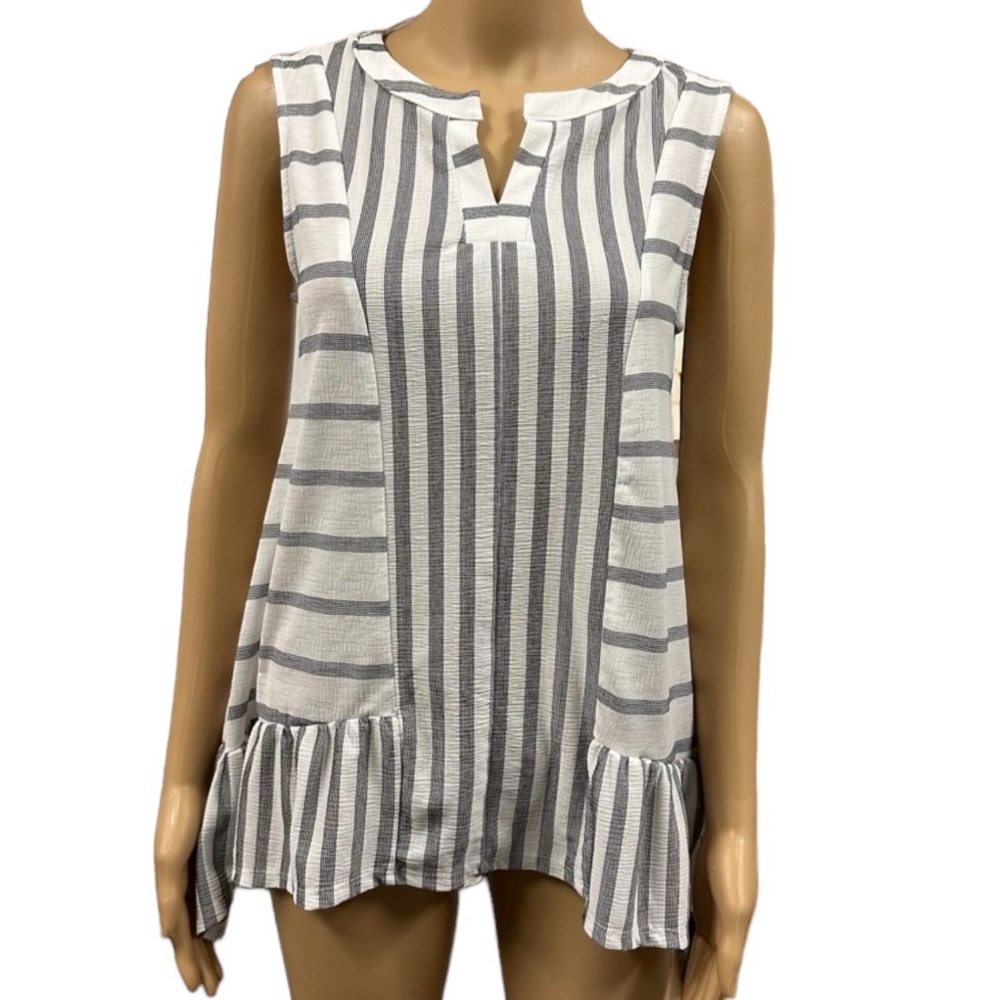 Ava James White Gray Slit Neck A Line Sleeveless Striped Flowy Tank Blouse Small